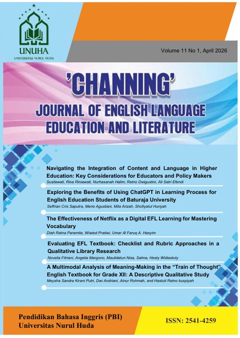 					View Vol. 11 No. 1 (2026): Channing: Journal of English Language Education and Literature 
				