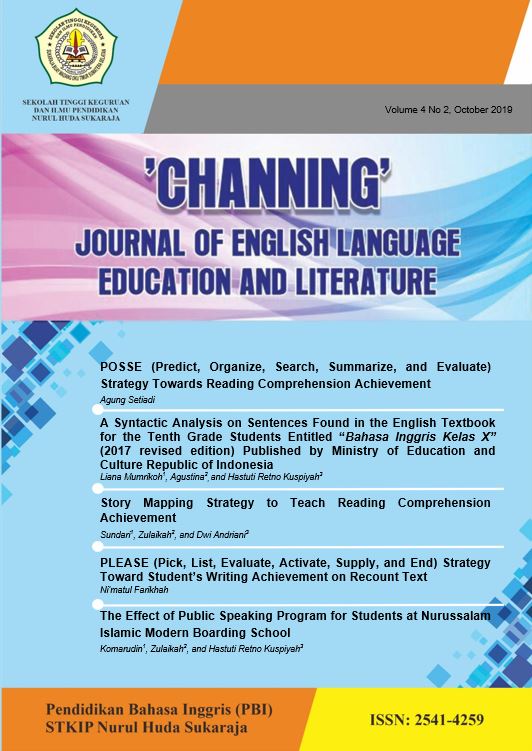 					View Vol. 4 No. 2 (2019): Channing: Journal of English Language Education Literature- October 2019
				