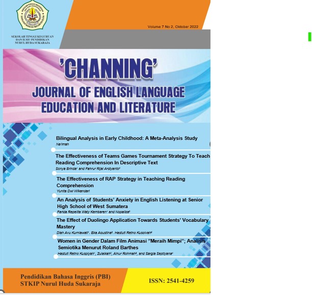 					View Vol. 7 No. 2 (2022): Channing: Journal of English Language Education and Literature- Oktober 2022
				